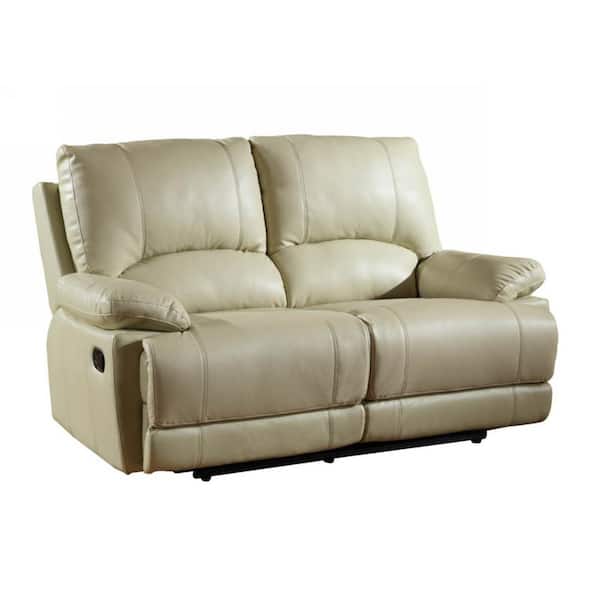HomeRoots Charlie 65 in. Beige Solid Leather 2 Seat Loveseats with Recliner
