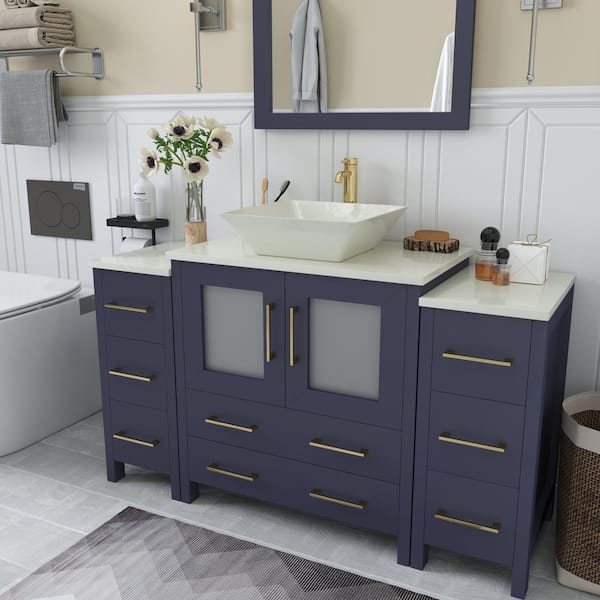 Ravenna 54 in. W Single Basin Bathroom Vanity in Blue with White Engineered Marble Top and Mirror