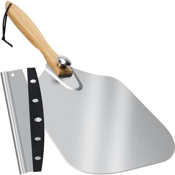 Aluminum Pizza Peel with Storage Bag, 9 inch Foldable Metal Pizza Paddle & Rocker Cutter, Wood Handle for Baking
