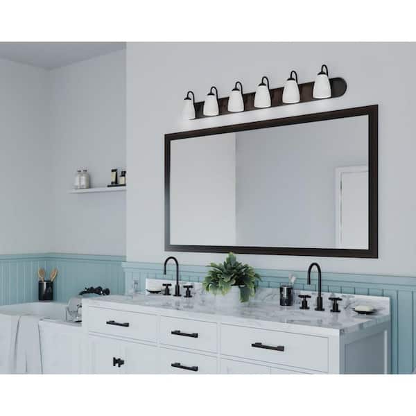Gather Collection 48 in. 6-Light Antique Bronze Etched Glass Traditional Bathroom Vanity Light