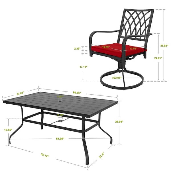 Black 7-Piece Metal Rectangle Outdoor Dining Set with Red Cushions and 1.57 in. Umbrella Hole, Swivel Design