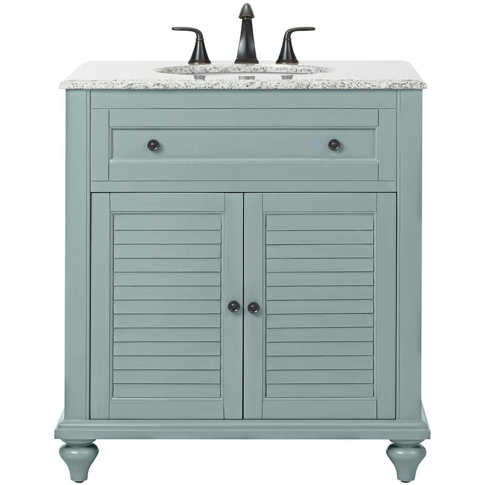 Home Decorators Collection Hamilton Shutter 31 In W X 22 In D Bath Vanity In Sea Glass With Granite Vanity Top In Grey With White Sink 10806 Vs31h Sg The Home Depot