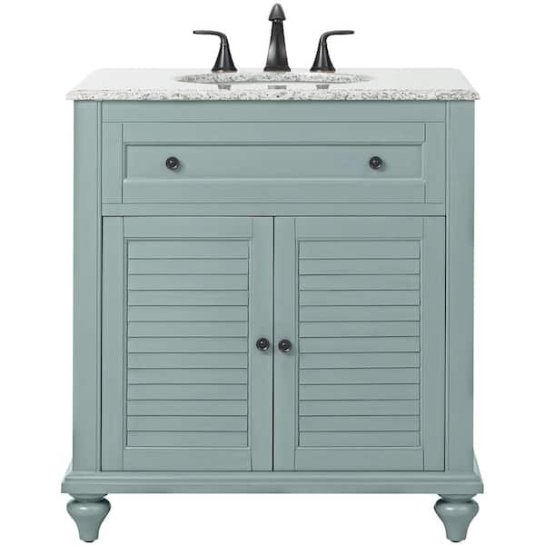 Home Decorators Collection Hamilton Shutter 31 in. W x 22 in. D Bath Vanity in Sea Glass with Granite Vanity Top in Grey with White Sink