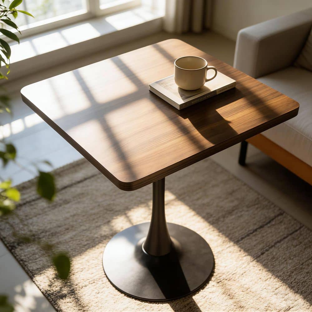 Modern Black and Brown MDF Wood Top 27.6 in. Pedestal Dining Table Seats 4 Bistro Table with Metal Base