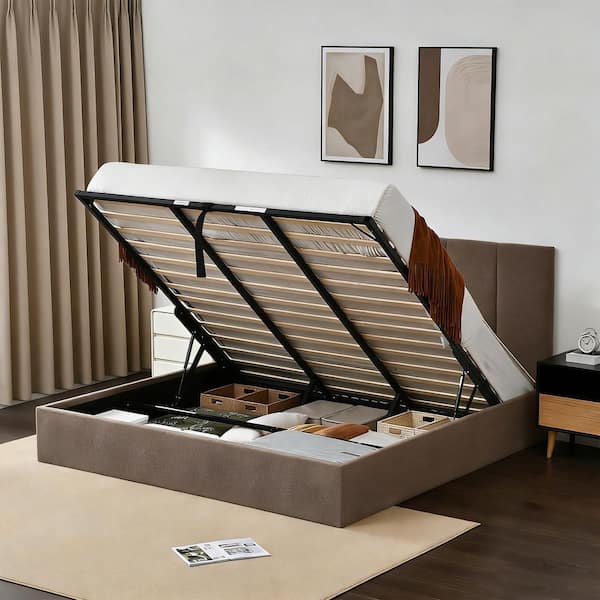 Boucle Brown Plywood Frame King Size Linen Upholstered Platform Bed with Lifting Storage