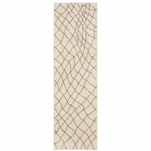 2' X 8' Ivory And Grey Geometric Power Loom Stain Resistant Runner Rug