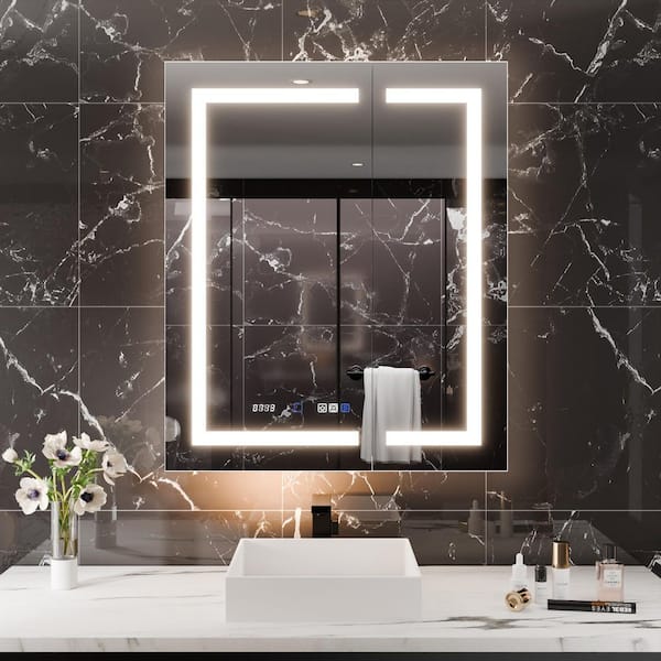 30 in. W x 36 in. H Rectangular Silver Aluminum Defogged Surface/Recessed Mount Dimmable Medicine Cabinet with Mirror