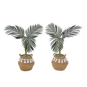 36 in. Green Artificial Golden Cane Palm Tree in Handmade Jute and Cotton Basket with Tassels DIY Kit (Set of 2)