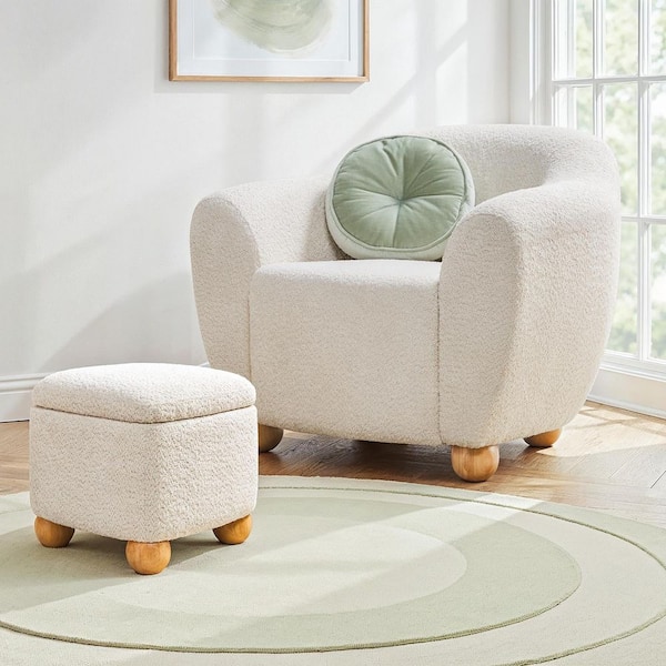 Walker Edison Furniture Company Linley Ivory 2-Piece Polyester Boucle Arm Chair with Ottoman