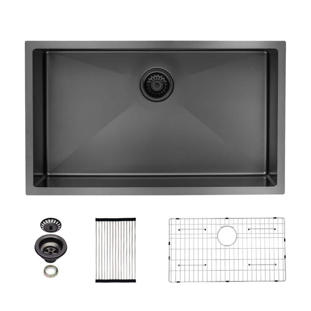32 in. Undermount Single Bowl Gunmetal Black 16-Gauge Stainless