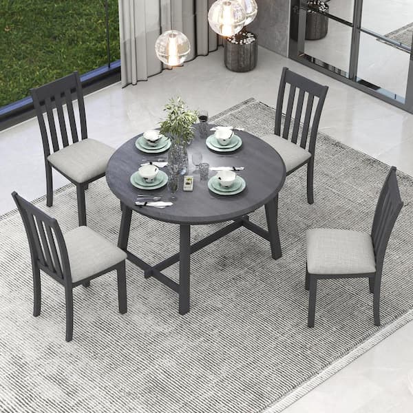 Polibi Gray 5 Pieces Solid Wood Round Extendable Dining Table Set with 4 Dining Chairs for 4 MB GSWREDT G The Home Depot