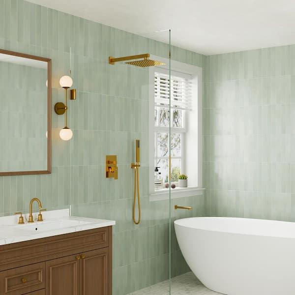 3-Spray Patterns Square 10 in. Wall Mount Dual Shower Heads 2.5 GPM with Tub Faucet in Gold
