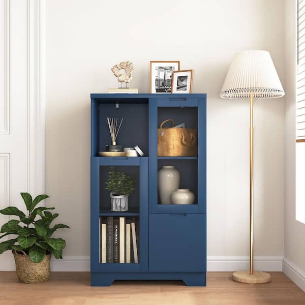 11.8" W x 25.6" D x 39.4 in. H MDF Ready to Assemble Floor Base Kitchen Cabinet in Blue with 2 Glass Doors & 2 Storages