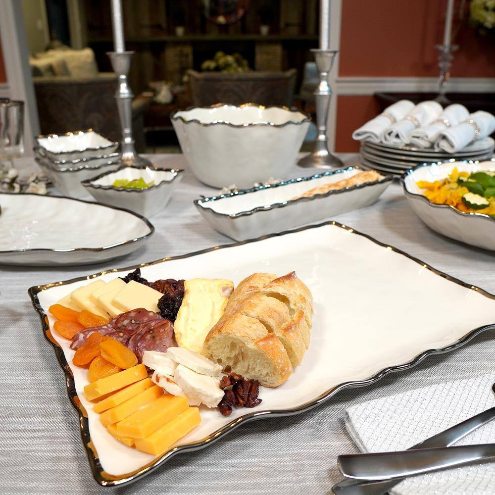 Elegant Silver Rimmed Rectangular Ceramic Serving Platter, 16 inches