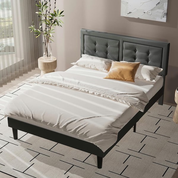 VECELO Metal + Wooden Bar Upholstered Premium Platform Bed, Grey Finely Polyfabric Upholstered Full Size Bed, 54.3"W