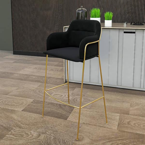 Leisuremod Axis 30 in. Seat Height Black Low Back Gold Metal Bar Stool with Velvet Seat