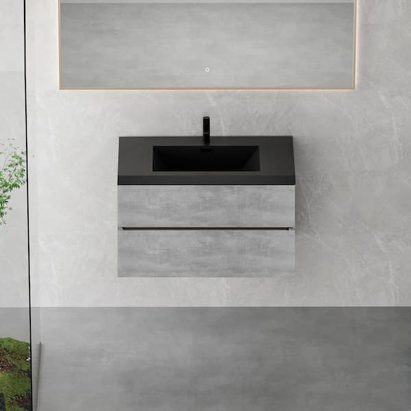 35.5 in. W x 19.7 in. D x 22.5 in. H Single Sink Wall Mounted Bath Vanity in Cement Grey with Black Quartz Sand Top