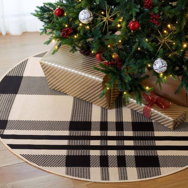Courtyard Black/Bone 3 ft. x 3 ft. Plaid Indoor/Outdoor Round Area Rug