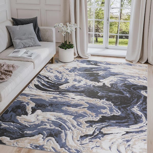 LOOM & LUXE Collection 5 ft. x 7.5 ft. Blue Abstract Non-Shedding Stylish and Stain Resistant Area Rug