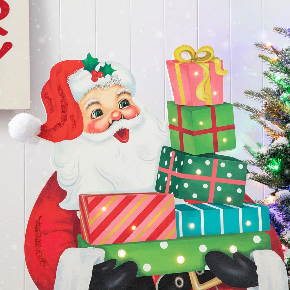 36" Lighted Wooden Santa with Gifts Wall Decor
