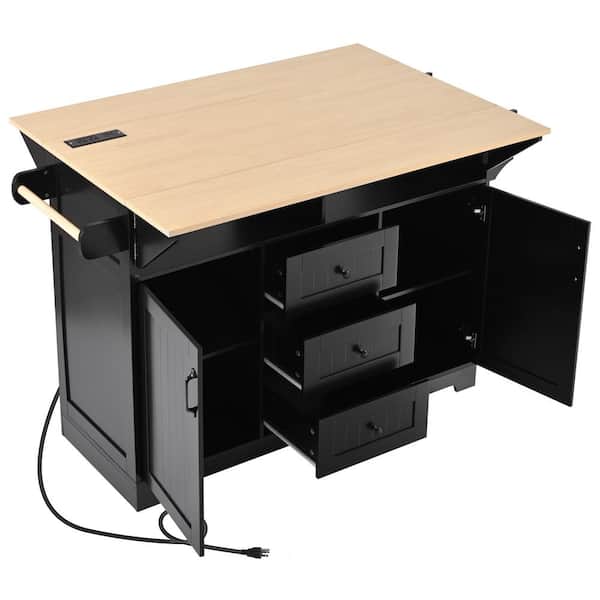 Boosicavelly Black MDF Kitchen Cart with Drop Leaf, Wheels, Power Outlet, Spice and Towel Rack,-Drawers