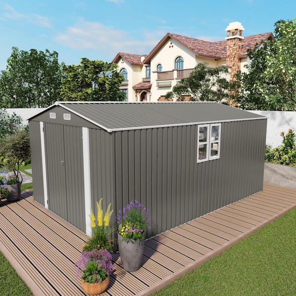 10 ft.W x 14 ft.D Outdoor Metal Storage Shed, Tool Shed with 3 Lockable Doors, Window for Patio/Lawns, Gray(131 sq. ft.)