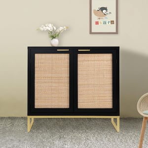 Black Accent Storage Cabinet with 2 Rattan Doors Mid Century Sideboard Furniture for Living Room Bedroom