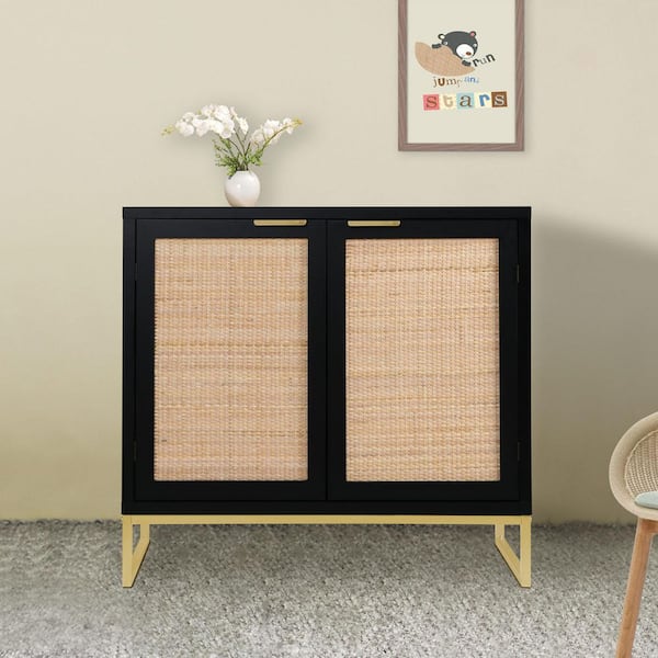 Aupodin Black Accent Storage Cabinet with 2 Rattan Doors Mid Century Sideboard Furniture for Living Room Bedroom