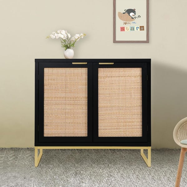 Black Accent Storage Cabinet with 2 Rattan Doors Mid Century Sideboard Furniture for Living Room Bedroom