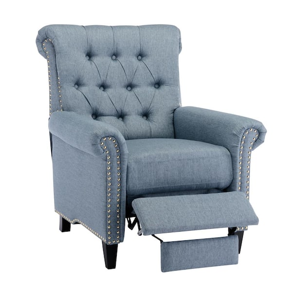 Merax Blue Linen Tufted Push Back Recliner with Nailheads Rolled Arm