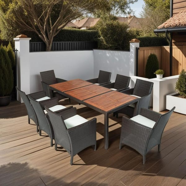 Unbranded 9-Piece Brown Wicker Outdoor Dining Set with Beige Cushions and Acacia Wood Tabletop and Armrest