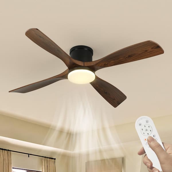 54 in. Modern Indoor Black and Wood Low Profile Flush Mount Ceiling Fan Light with Bright White Integrated LED 4-Blades
