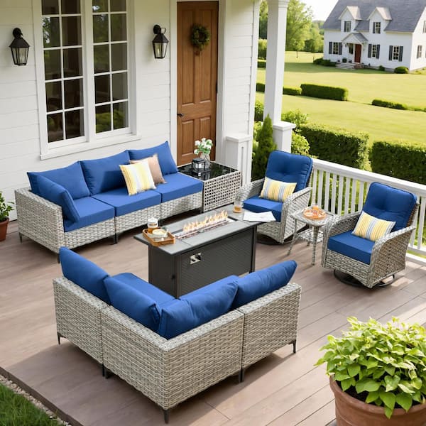 HOOOWOOO Holston 11-Piece Wicker Outdoor Patio Conversation Sofa Set with a Metal Fire Pit, Swivel Chairs and Navy Blue Cushions