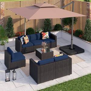 Rattan 9-Pieces Patio and Garden Wicker Conversation Furniture Set With Blue Cushions and Roman Umbrella