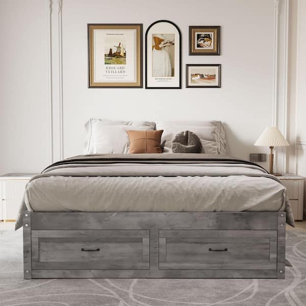 Qualler Gray Wooden Frame Queen Size Platform Bed with 6 Underneath Drawers
