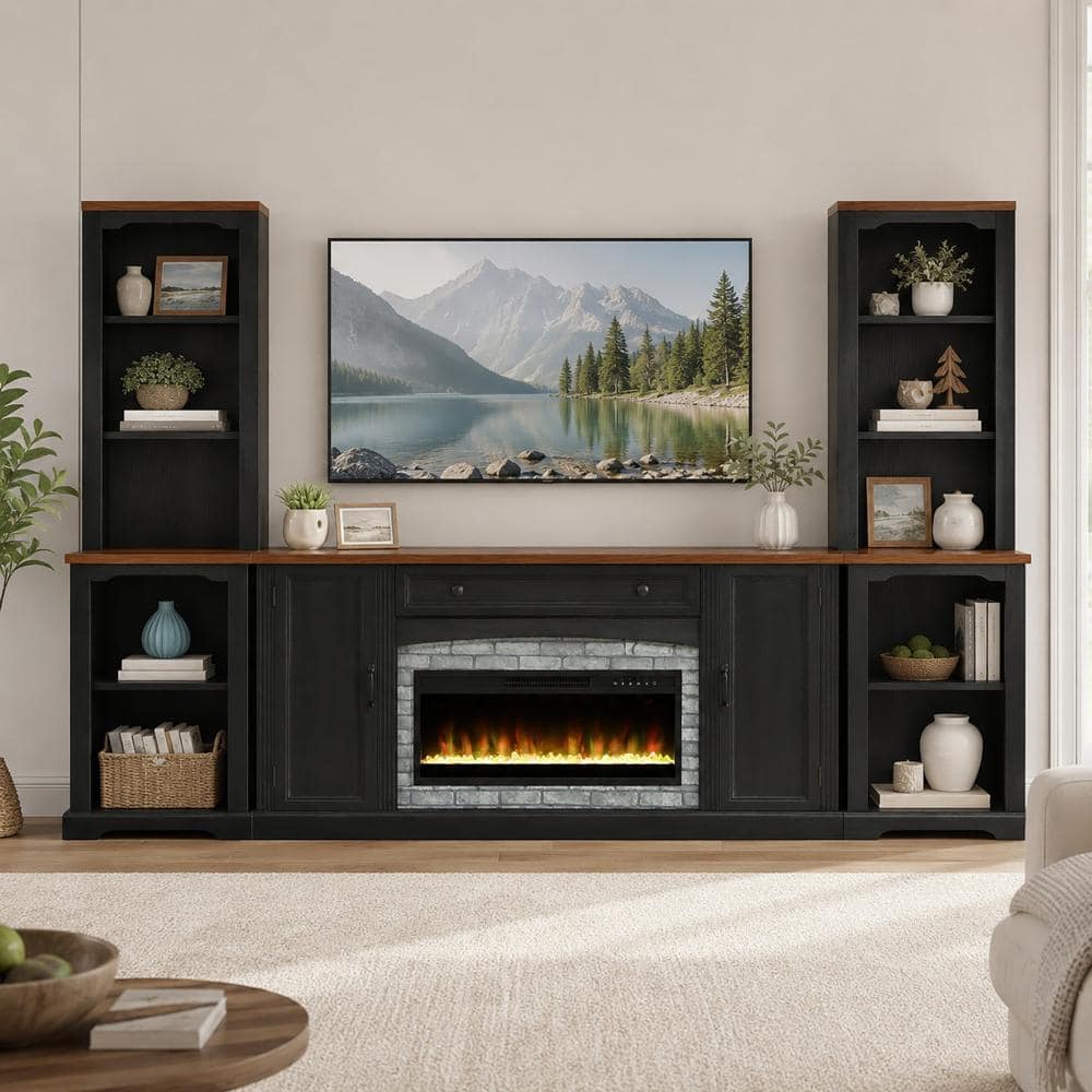 109 in.Black 3-Piece Electric Fireplace TV Stand Fits TVs up to 70 in. with Mantel, Bookshelves and Walnut Top price history on PriceWatchPro