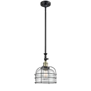 Bell Cage 1-Light Black Antique Brass Bowl Pendant Light with Seedy Glass Shade