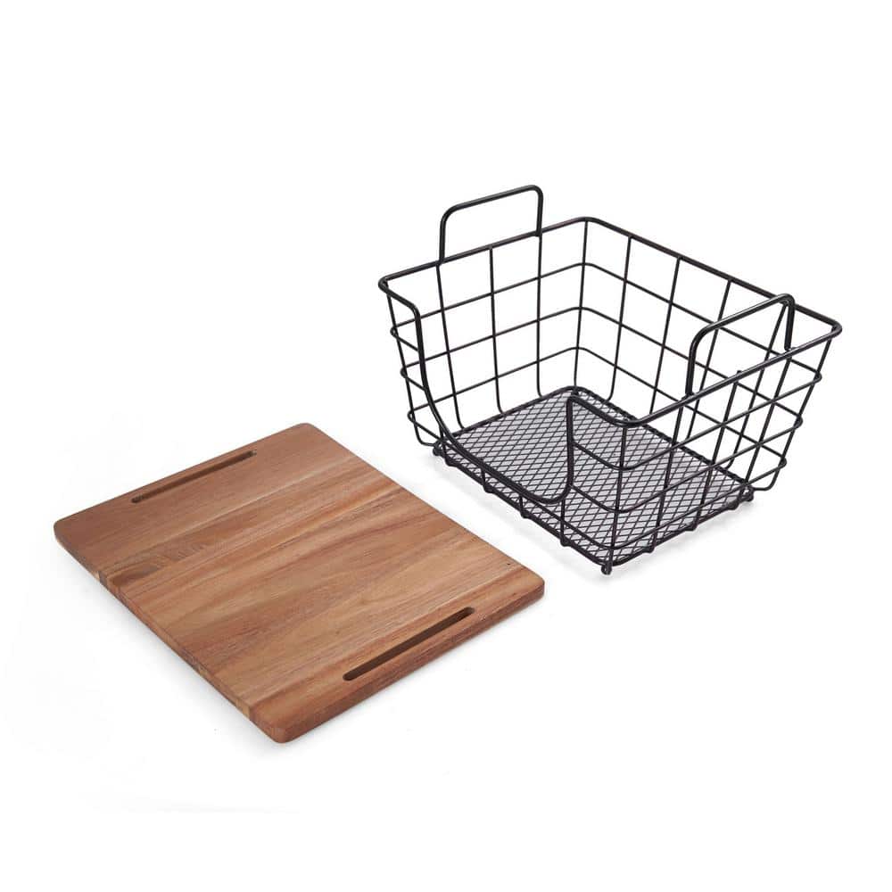 Madam Black Metal Rectangular Storage Baskets with Acacia Lid