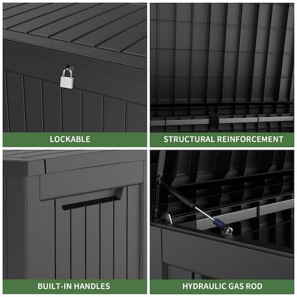 230 Gallon Large Outdoor Deck Box With Bench Lid - Waterproof, Lockable, 440 Lb Capacity (Black)