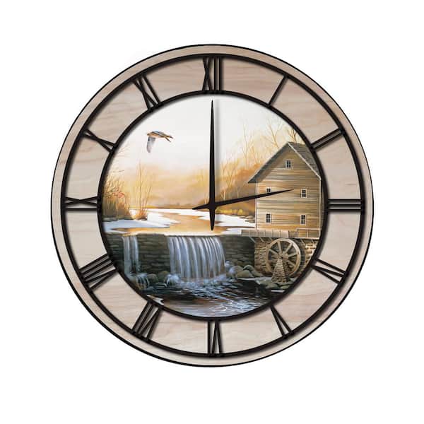 Unbranded "The Old Mill" Woodgrain Accent and Black Numbers Imaged Wall Clock