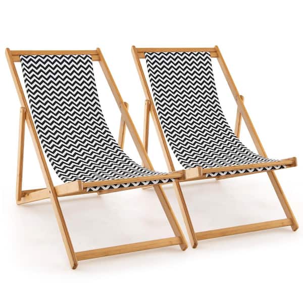 Gymax 2-Piece Foldable Patio Sling Chair w/Solid Bamboo Frame and Breathable Canvas Seat Beach