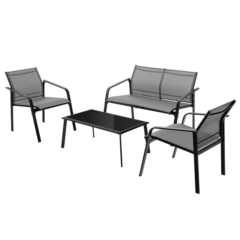 ANGELES HOME 4Piece Gray Metal Patio Conversation Set with Armrest Loveseat Sofas and Glass