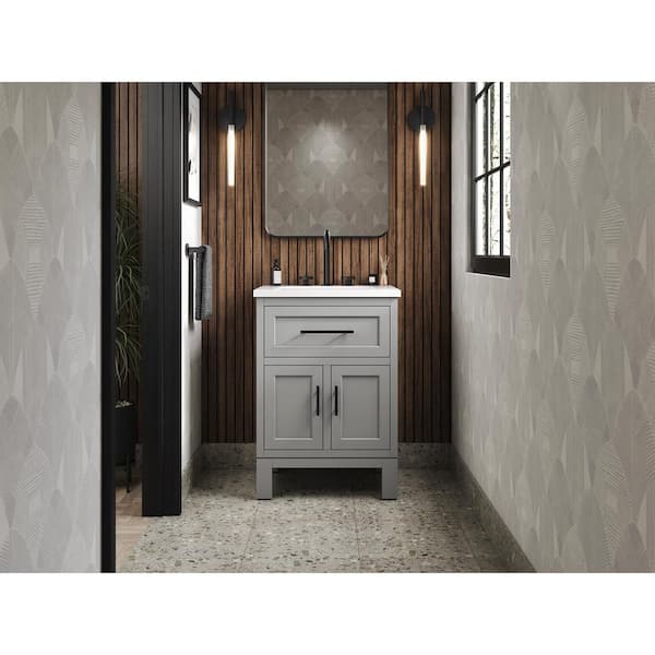 KOHLER Quo 25in. Single Sink Freestanding Mohair Grey Bath Vanity with White Quartz Top Assembled