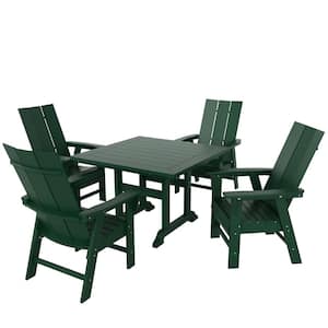 Shoreside Outdoor Patio Weather Resistant Adirondack 5-Piece Dark Green HDPE Plastic Square Table Dining Set