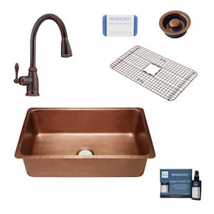 David All-In-One David Undermount Copper 31.25 in. Single Bowl Copper Kitchen Sink with Pfister Bronze Faucet and Drain