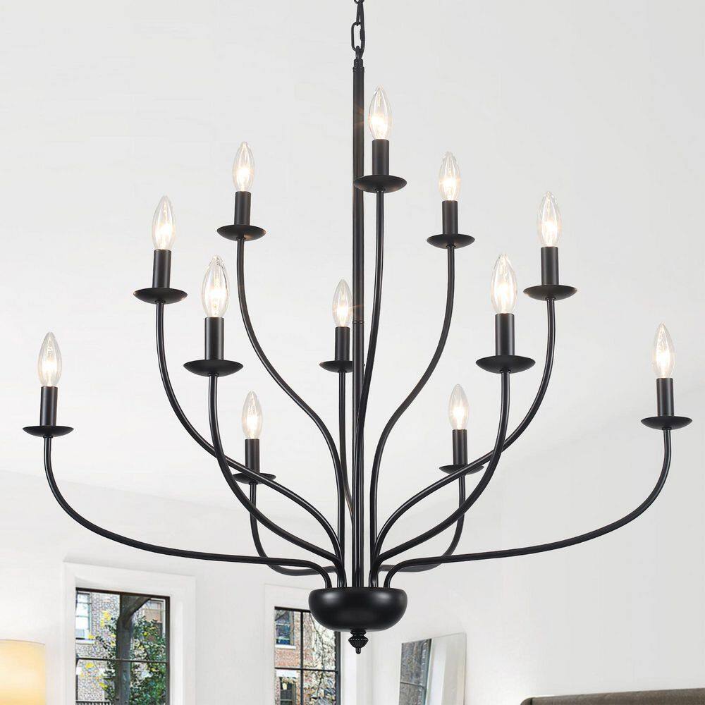 Classic Candlestick 35.9 in. 12-Light Black Metal Farmhouse Chandelier with Adjustable Chain for Foyer or Dining Room price history on PriceWatchPro