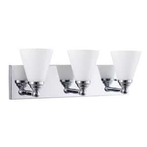 21.7 in. 3-light Brushed Nickel Bathroom Powder Room Wall Vanity Light Fixture with Cone Shape Frosted Glass Shade