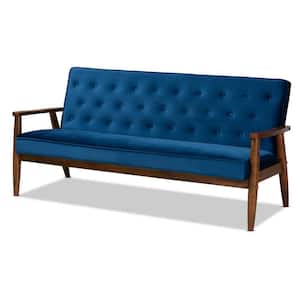 Sorrento 71.3 in. Navy Blue/Brown Polyester 3-Seater Cabriole Sofa with Square Arms