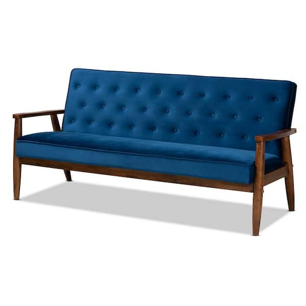 Baxton Studio Sorrento 71.3 in. Navy Blue Brown Polyester 3 Seater