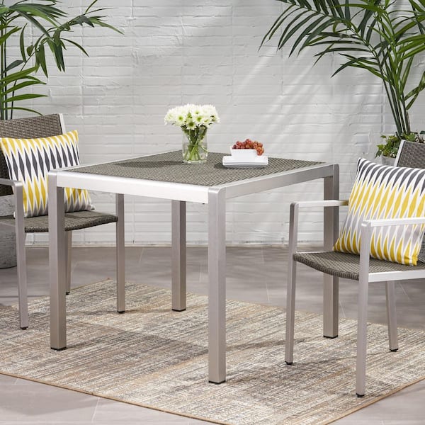 Unbranded 35 in. Aluminum Outdoor Square Dining Table, Wicker Tabletop, Silver and Gray, Suitable for Patio, Garden, Backyard